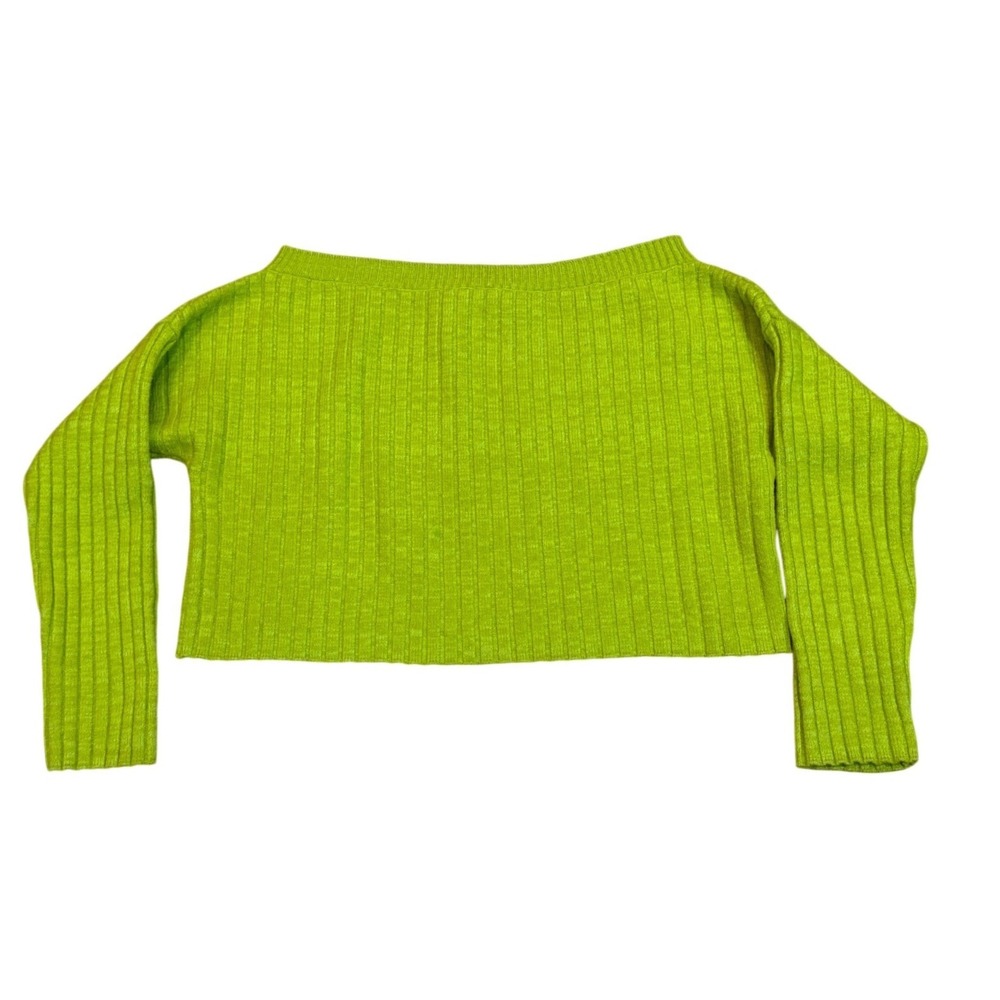 Alice + Oliviaโ Lime Green Ribbed Wool Blend Cropped Off Shoulder Sweater Medium